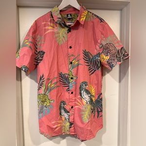 Neff Men's Short Sleeve Button Shirt Sz Large Hawaiian Floral Print Animals Pink